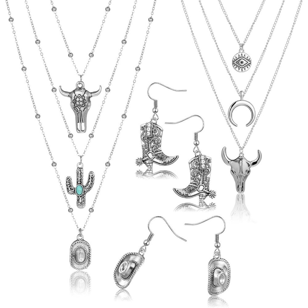 6 Pcs Cowgirl Jewelry For Women Turquoise Chain Layered Necklace Cowgirl Boot Ha